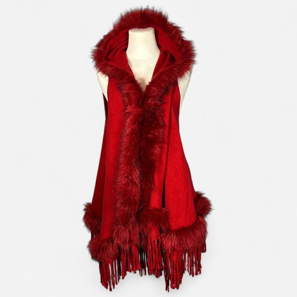 Northern Angel Red Faux Fur Hooded Cardigan Fringe Xmas Holidays Womens S/M